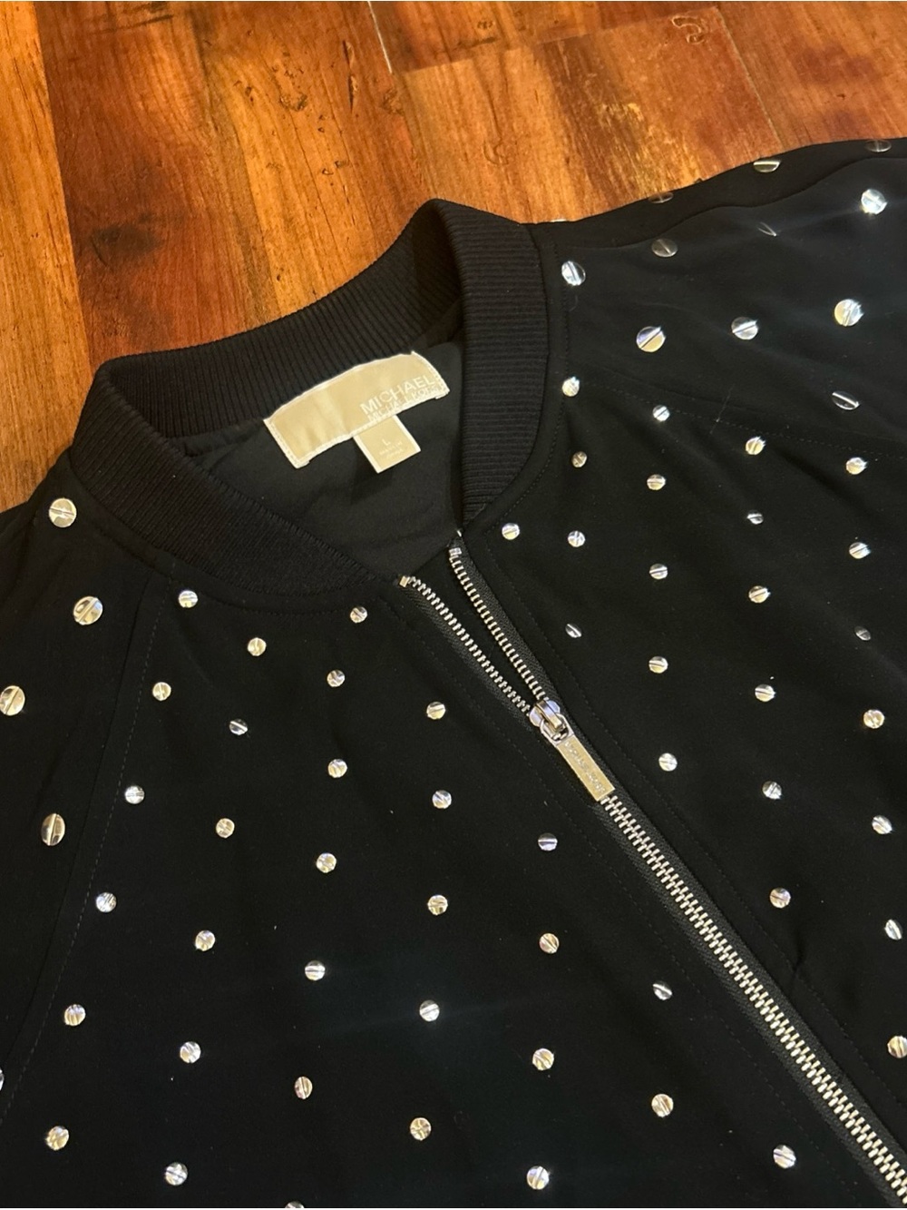 Michael Kors Black Silver Studded Embellished Bomber Jacket